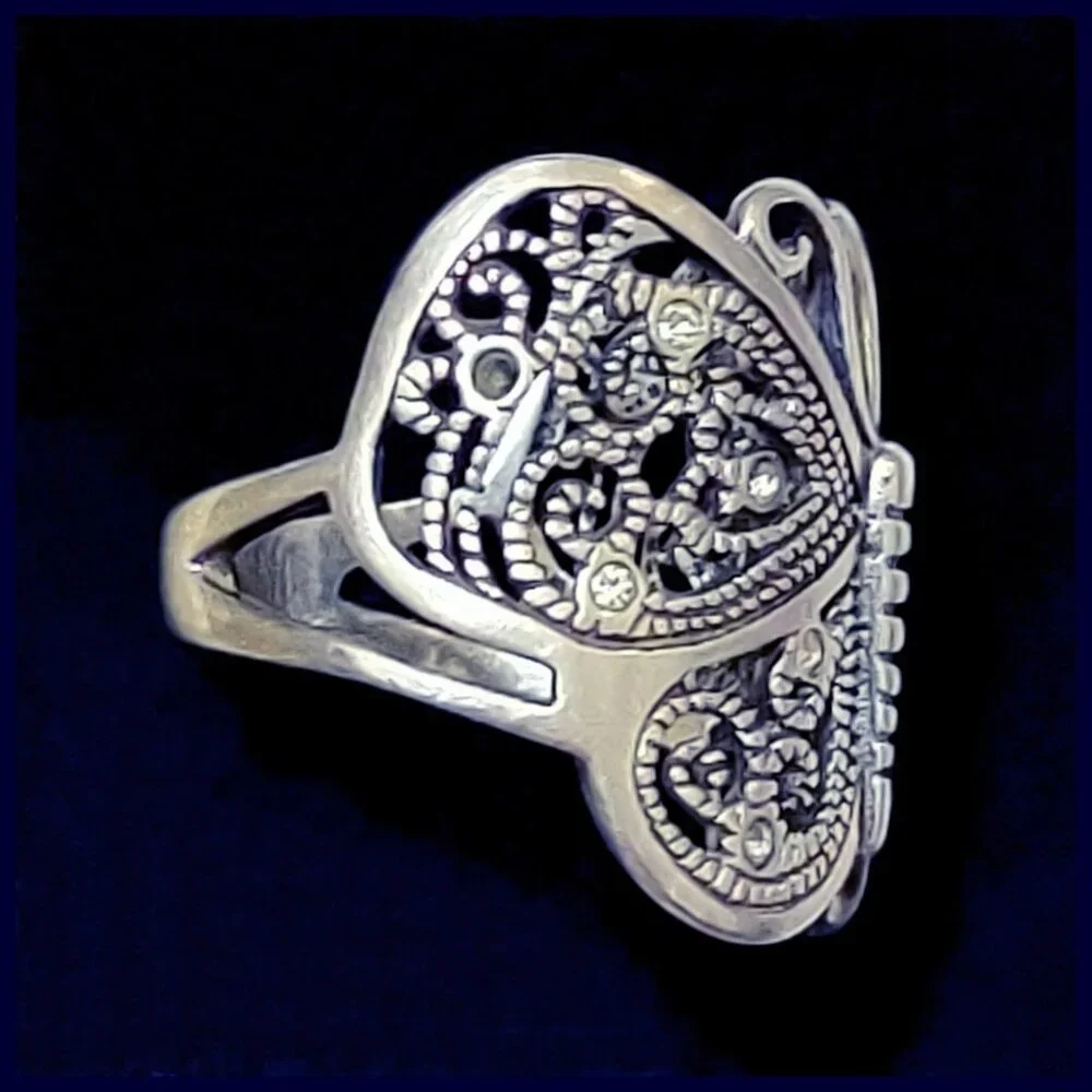 Sterling Silver 925 Filigree Butterfly Ring with CZ Accents Size 7 NV Maker Mark - Picture 3 of 9